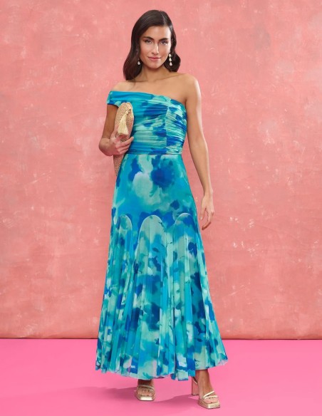 Turquoise printed fabric midi skirt with circular godets cut for guest