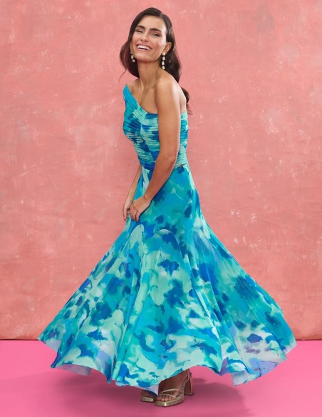 Top d'invité à encolure drapée asymétrique en tissu imprimé turquoise