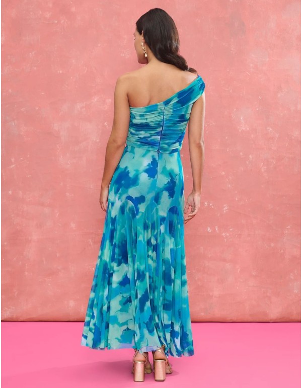 Turquoise printed fabric draped asymmetrical neckline top... 2