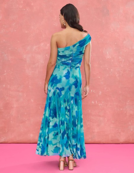 Turquoise printed fabric draped asymmetrical neckline top with turquoise printed fabric