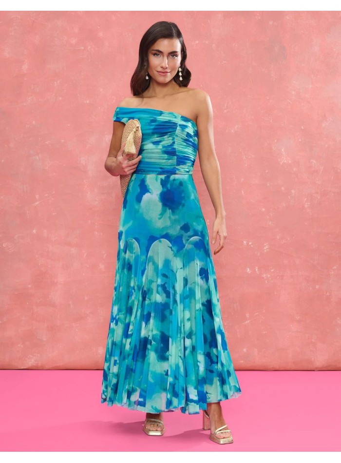 Turquoise printed fabric draped asymmetrical...