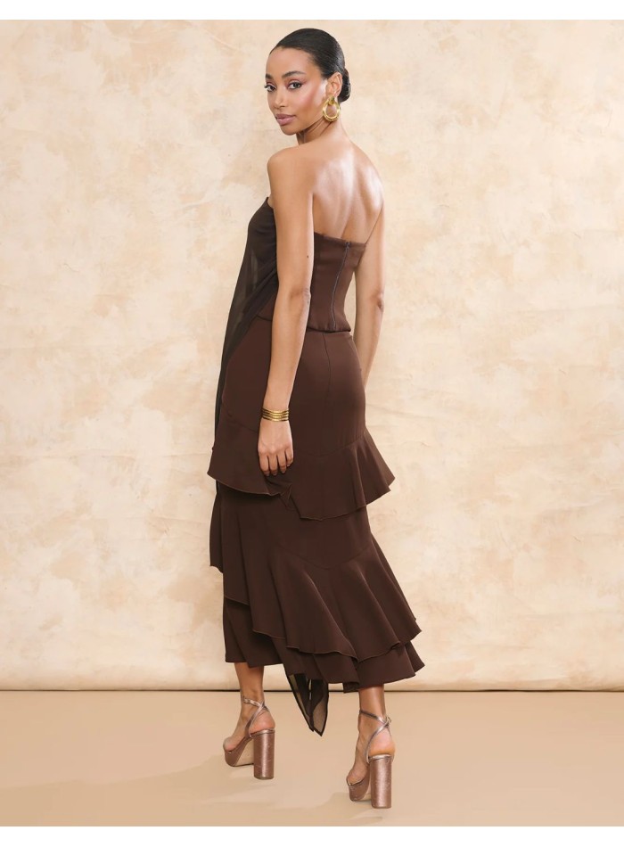 Brown crepe midi guest skirt with overlapping...