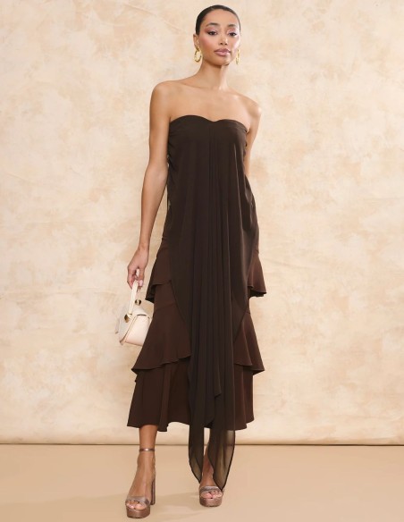 Brown crepe midi guest skirt with overlapping ruffles