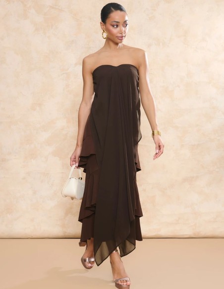 Brown crepe midi guest skirt with overlapping ruffles