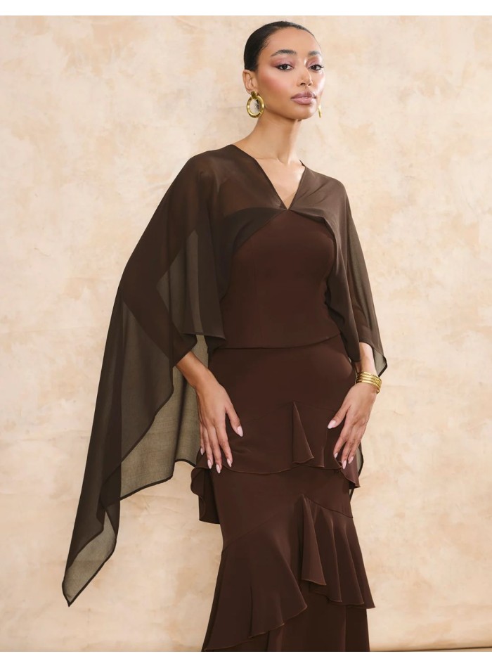 Brown crepe midi guest skirt with overlapping...