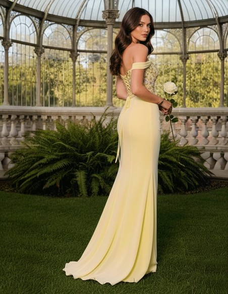 Long ball gown with Bardot neckline, floral embroidery and mermaid silhouette