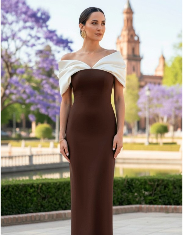 Vestido midi bicolor beige y marrón con escote Bardot drapeado para invitada comunión