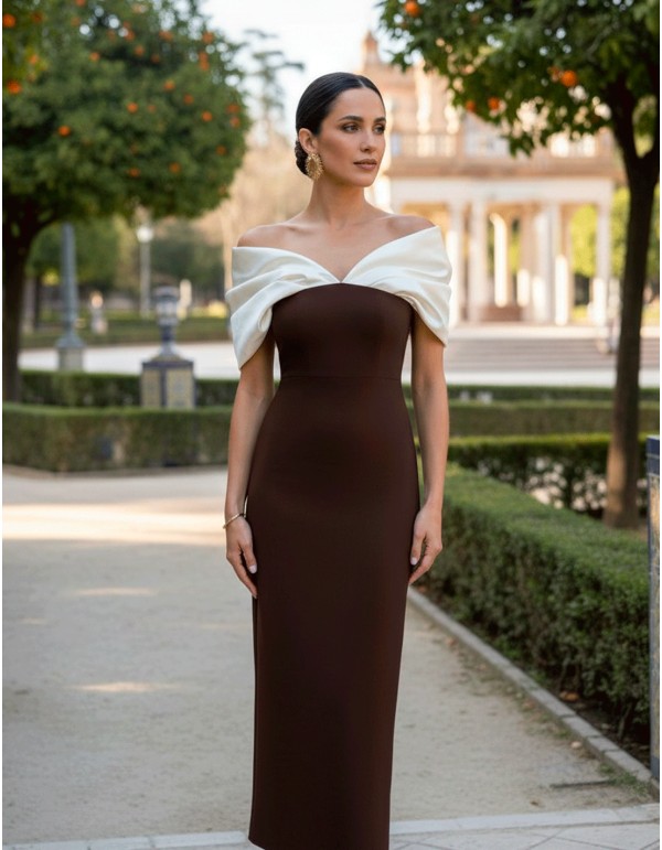 Vestido midi bicolor beige y marrón con escote Bardot drapeado para invitada comunión 2