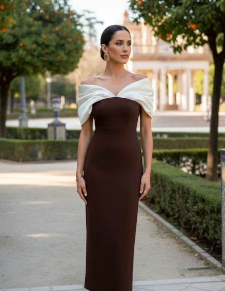 Vestido midi bicolor beige y marrón con escote Bardot drapeado