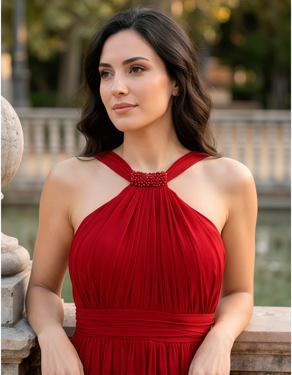 Long red party dress with halter neckline, rhinestones and slit 2