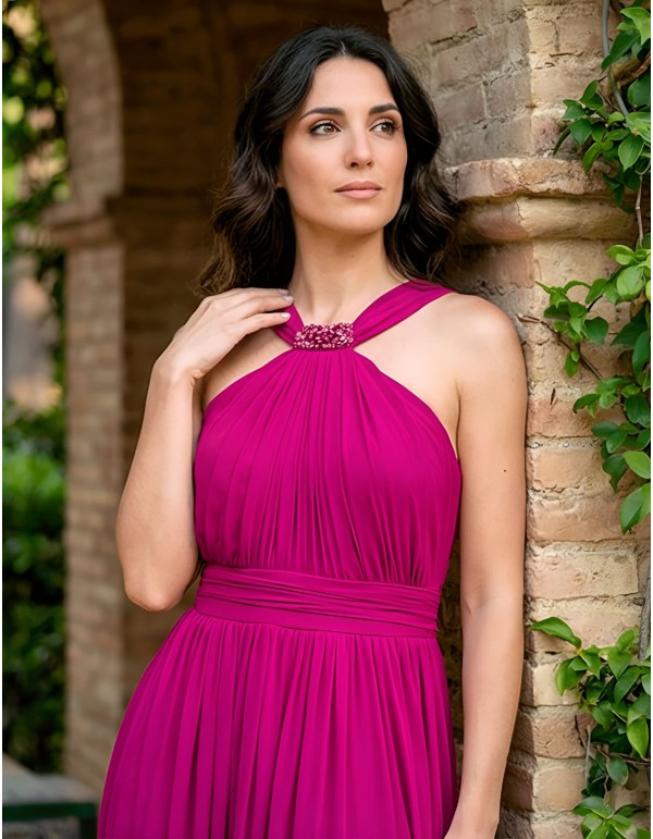 Robe de fête longue de couleur bougainvillier avec...