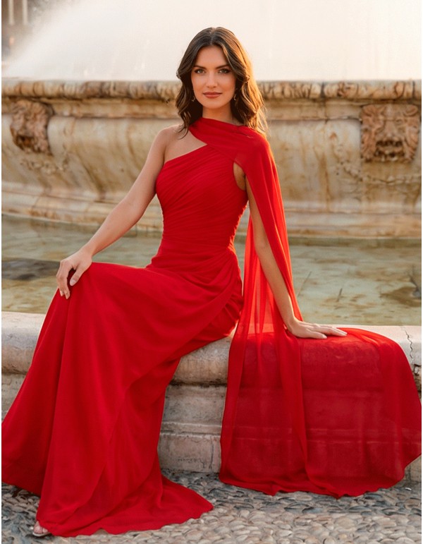 Long red chiffon greek style ball gown 2
