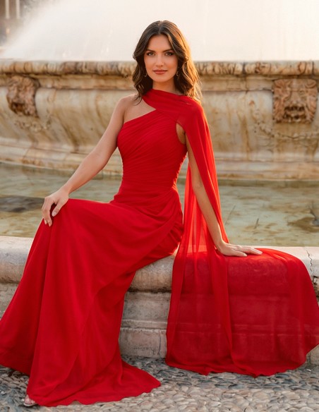 Long red chiffon greek style ball gown