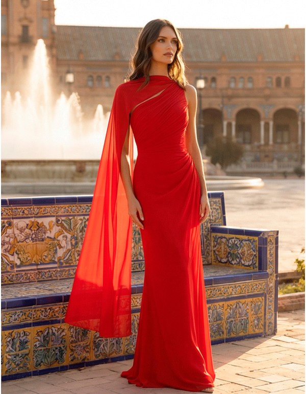 Longue robe de soirée rouge en mousseline de soie de style grec