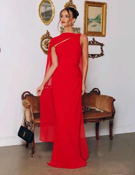 Long red chiffon greek style ball gown