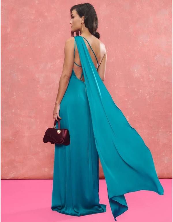 Turquoise long guest dress with asymmetrical neckline and... 2