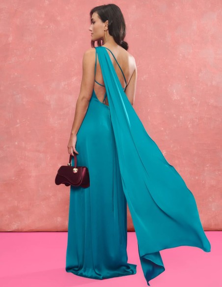 Turquoise long guest dress with asymmetrical neckline and long cape