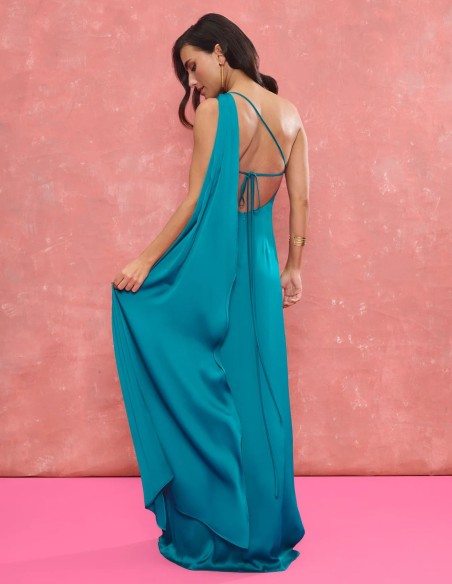 Turquoise long guest dress with asymmetrical neckline and long cape