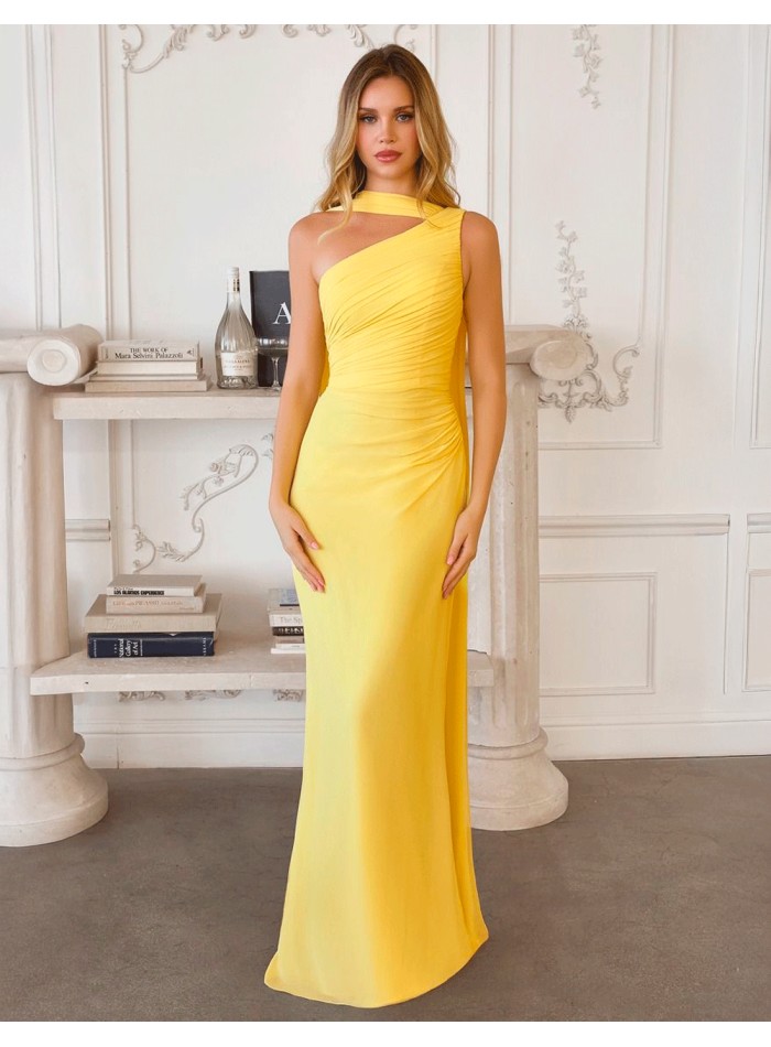 Pastel yellow long gauze Grecian style gown in...
