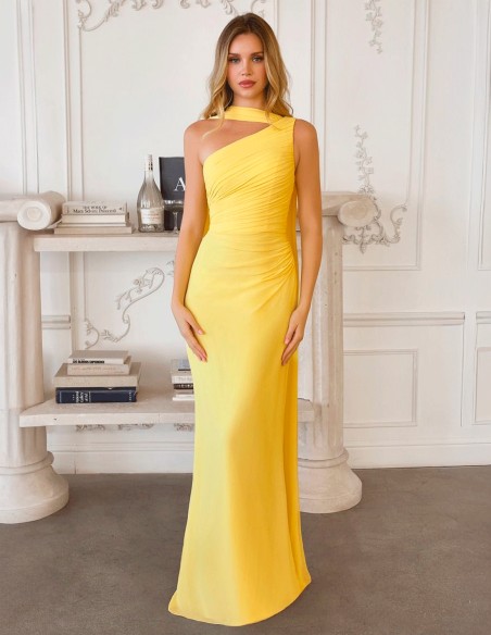 Robe de soirée longue en mousseline de soie jaune pastel de style grec