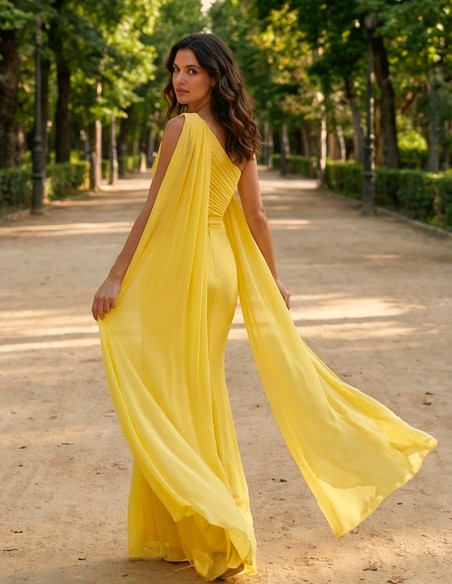 Robe de soirée longue en mousseline de soie jaune pastel de style grec