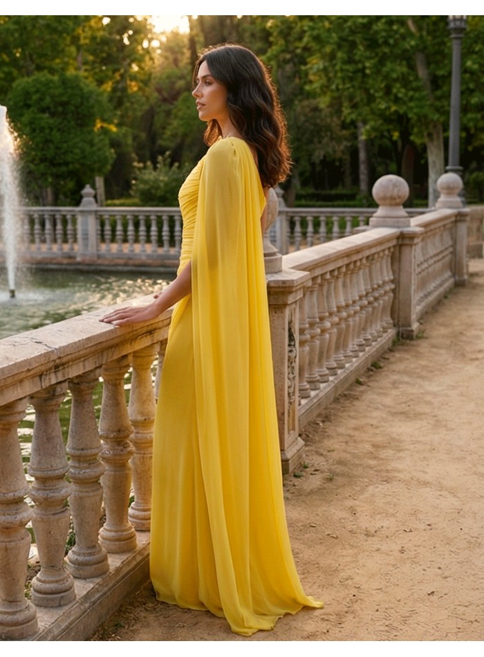Pastel yellow long gauze Grecian style gown in...