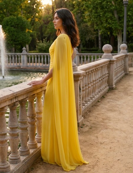 Pastel yellow long gauze Grecian style gown in chiffon