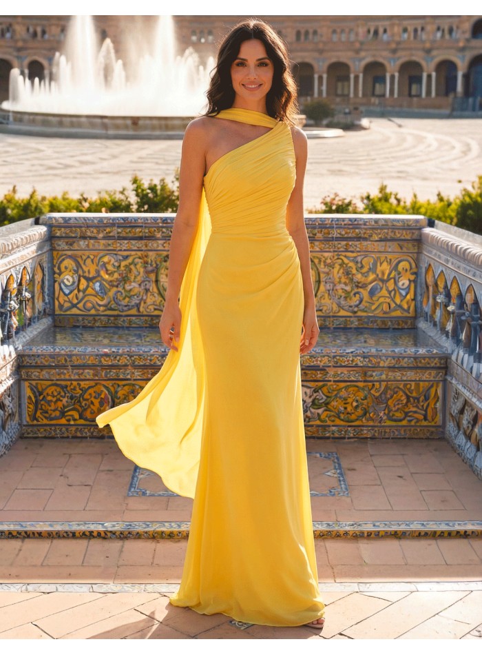 Robe de soirée longue en mousseline de soie jaune pastel de style grec