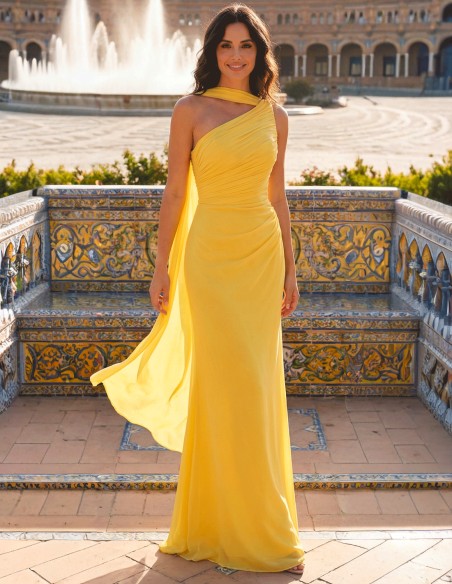 Pastel yellow long gauze Grecian style gown in chiffon