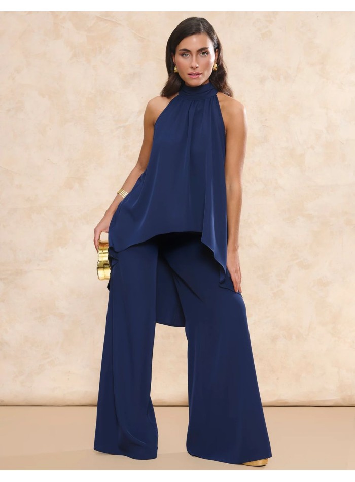 Pantalón de invitada marino de tiro alto con corte palazzo