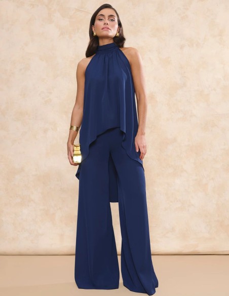 Pantalon d'invité à taille haute de couleur marine avec une coupe palazzo