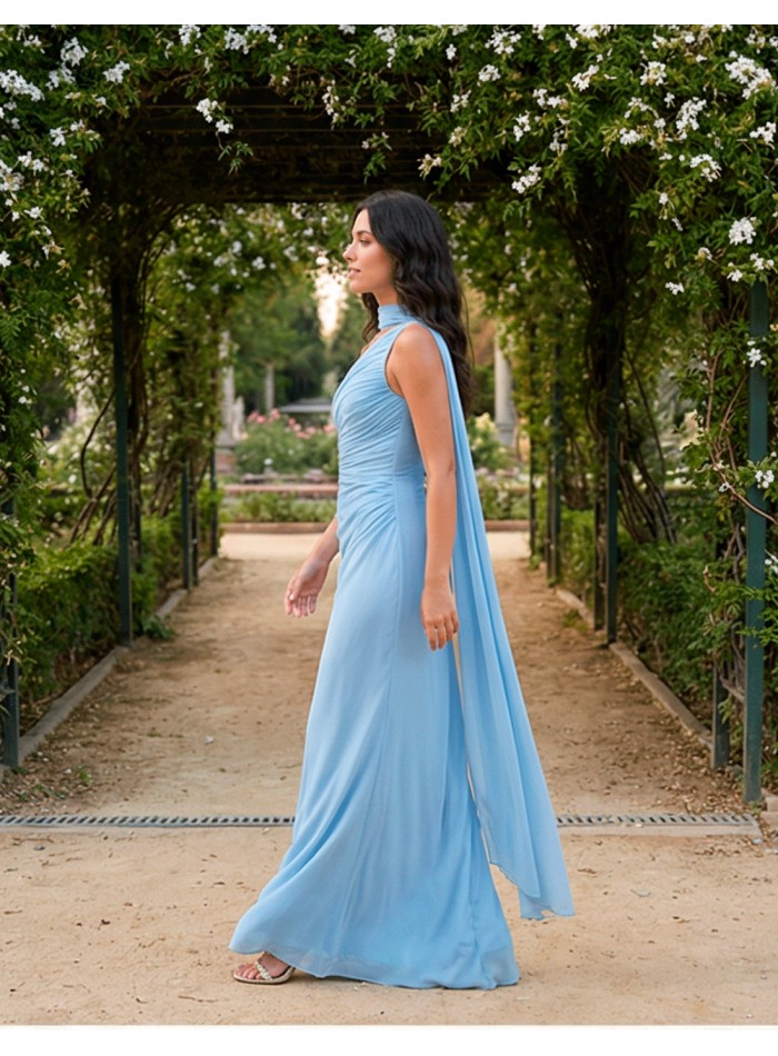 Vestido de fiesta largo azul pastel de gasa con...