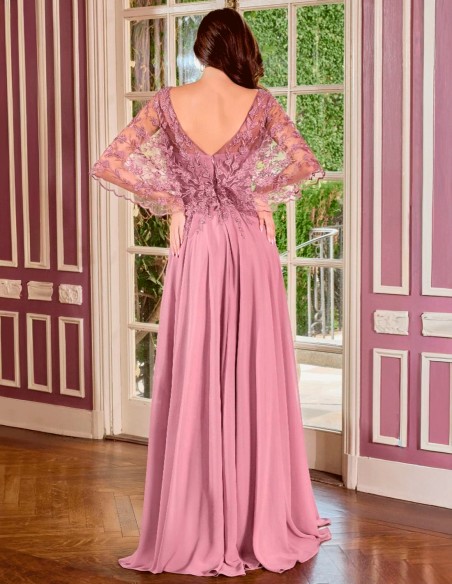 Long godmother dress with lace cape bodice and chiffon skirt