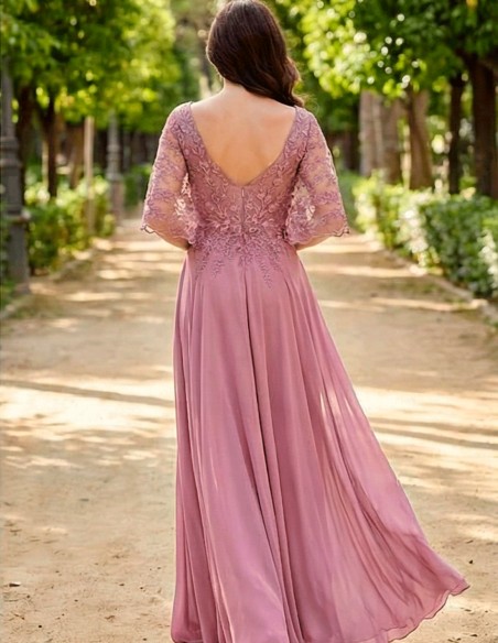 Long godmother dress with lace cape bodice and chiffon skirt