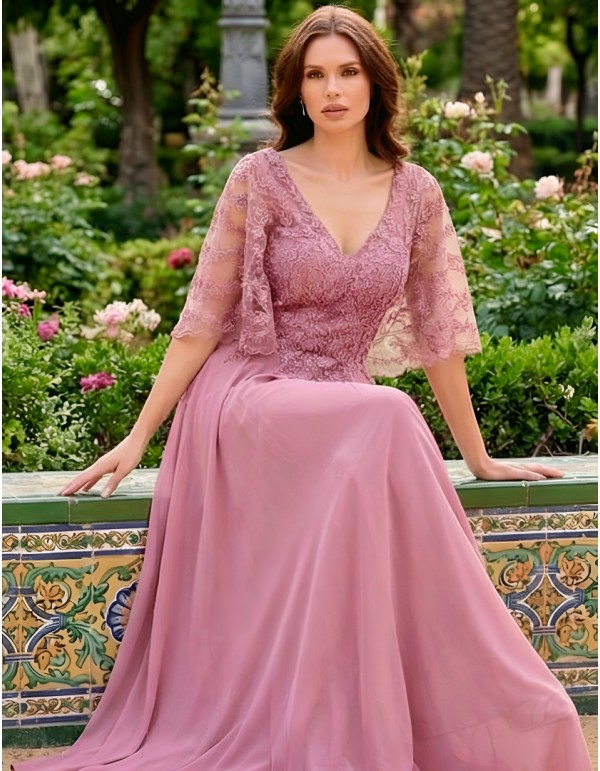 Long godmother dress with lace cape bodice and chiffon skirt 2
