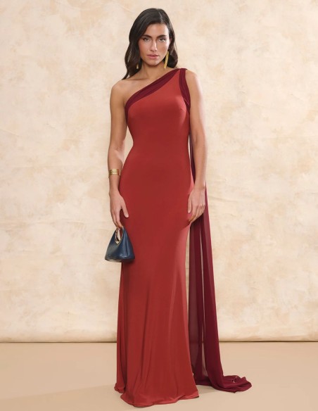 Terracotta long guest dress with asymmetrical neckline and multiposition shawl