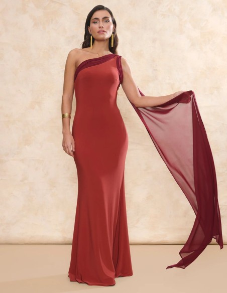 Terracotta long guest dress with asymmetrical neckline and multiposition shawl