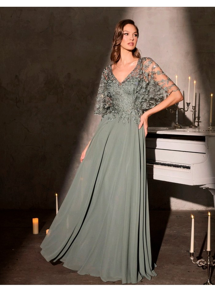 Light green long godmother dress with cape lace...