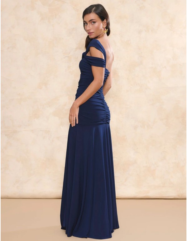 Long blue guest dress with asymmetrical neckline and long... 2