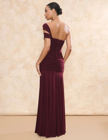 Maroon long guest dress with asymmetrical neckline and long cape cut