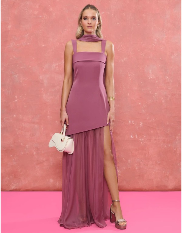 Robe d'invité longue mauve avec jupe asymétrique et gaze
