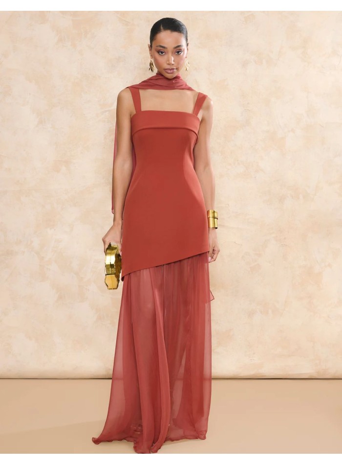 Terracotta long guest dress with asymmetric...