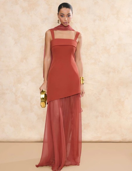 Terracotta long guest dress with asymmetric skirt and chiffon