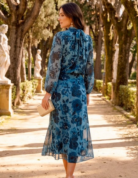 wedding Guest ensemble in blue tones with large flowers print