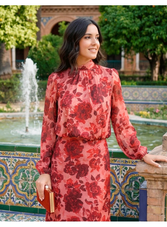 wedding Guest ensemble in red tones with large...