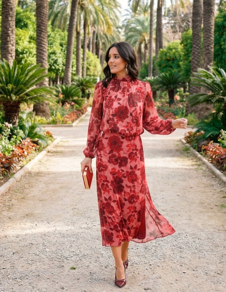 wedding Guest ensemble in red tones with large flowers