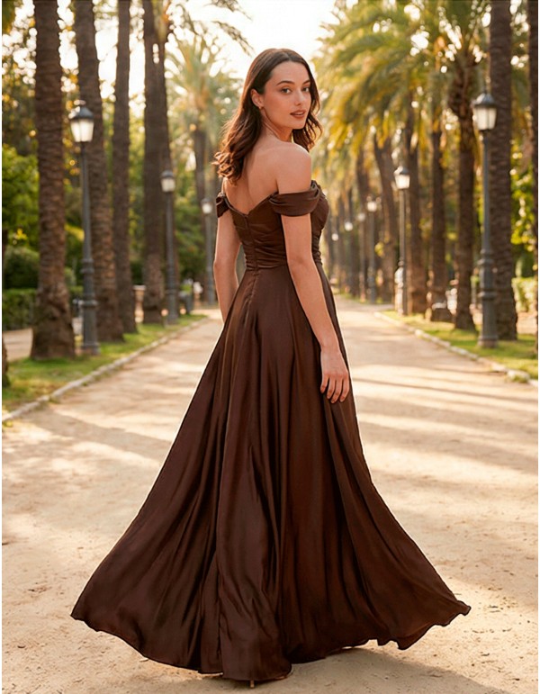 Brown satin long gown with sweetheart bandeau neckline 2