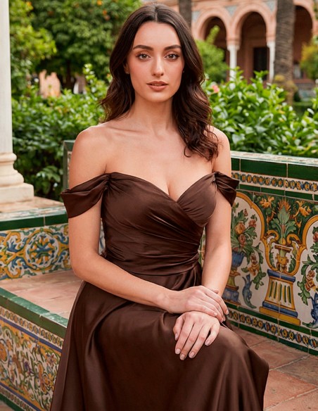 Brown satin long gown with sweetheart bandeau neckline