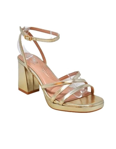 Gold strappy sandals with wide heels and platform
