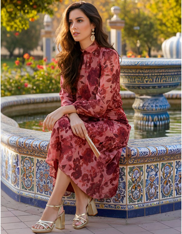 wedding Guest ensemble in red tones with large flowers 2